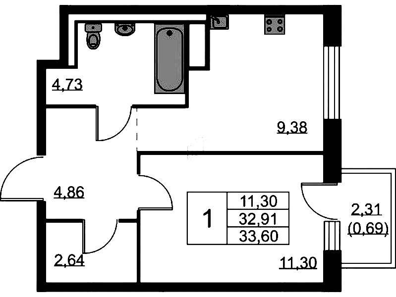 1-комнатная квартира 33.6 м², 3/9 эт., ЖК «Квартал Лаголово»